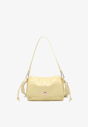 Borsa morbida gialla in pelle sintetica effetto coccodrillo con tracolla lunga, coulisse laterali e chiusura a girello rettangolare dorata.