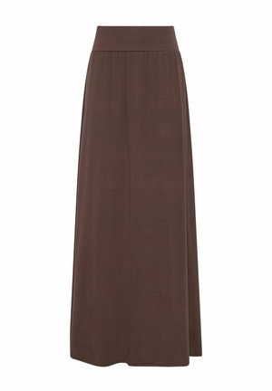 Jupe longue marron avec taille haute et légers fronces sous la taille, en tissu doux et fluide, présentée sur fond blanc.
