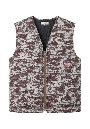 Ärmellose Reißverschlussweste mit braunem und grauem Digital-Camouflage-Muster, Brusttasche vorne mit roter "L.A"-Stickerei und zwei unteren Seitentaschen.