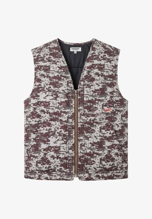 Ärmellose Reißverschlussweste mit braunem und grauem Digital-Camouflage-Muster, Brusttasche vorne mit roter "L.A"-Stickerei und zwei unteren Seitentaschen.