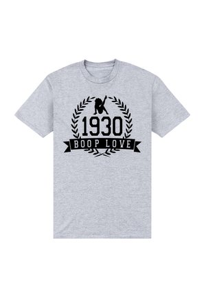 Camiseta de algodón gris con mangas cortas que presenta un diseño gráfico en negro de un bailarín con el texto "1930" y "BOOP LOVE" en una corona de laurel.
