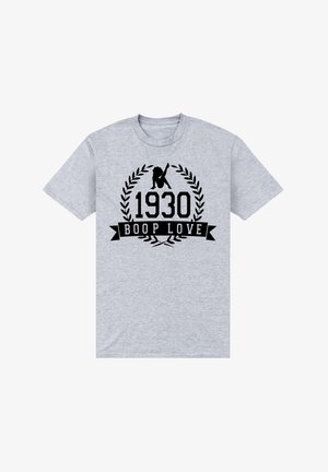 Camiseta de algodón gris con mangas cortas que presenta un diseño gráfico en negro de un bailarín con el texto "1930" y "BOOP LOVE" en una corona de laurel.