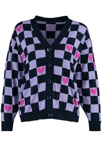 Czarny i lawendowy kardigan w kratę z różowymi sercami, zapinany z przodu, z długimi rękawami oraz ryflowanymi mankietami i dołem.