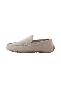 Beige suede slip-on shoes with a rounded toe, decorative stitching, and rubber sole. Features side vents for breathability.