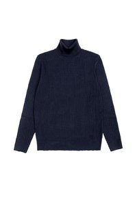 Maglione a collo alto blu navy realizzato in tessuto a maglia strutturata, con maniche lunghe e colletto a coste, dotato di un piccolo logo sull'orlo.