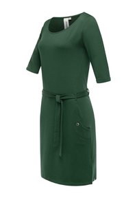 Vihreä puuvillamekko, jossa on kolme neljännestä hihaa, pyöreä kaula-aukko, yhteensopiva vyö ja sivutasku nappityylillä.