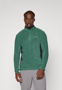 Green fleece pullover with a high collar and half-zip. Black side panels and logo on the chest. Soft texture and relaxed fit.