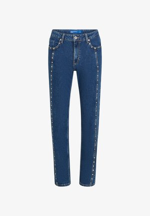Denim jeans in dark blue with a straight cut, featuring contrasting stitching and decorative studs along the side seams and front pockets.
