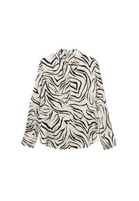 Chemise à manches longues avec motif zèbre noir et blanc, boutonnée, posée à plat sur fond blanc.