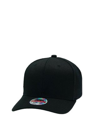 Black structured baseball cap with a curved brim and a round metallic sticker on the front edge of the visor.