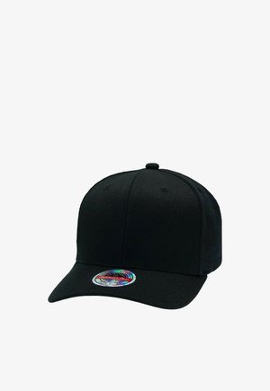 Black structured baseball cap with a curved brim and a round metallic sticker on the front edge of the visor.