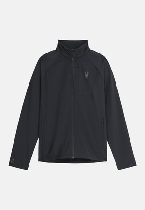 Zwarte jas met volledige ritssluiting, lange mouwen, hoge kraag, borstzak met rits en spinlogo op de linkerborst.