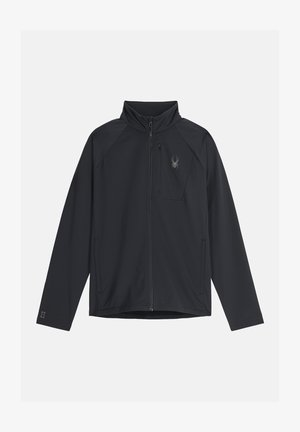 Zwarte jas met volledige ritssluiting, lange mouwen, hoge kraag, borstzak met rits en spinlogo op de linkerborst.