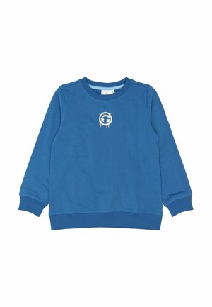 Hanorac albastru cu mâneci lungi, guler rotund, manșete și tiv cu dantelă. Prezintă un mic design grafic alb în față. Textură moale.