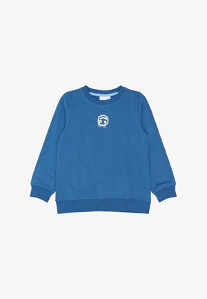 Blaue Sweatshirt mit langen Ärmeln, Rundhalsausschnitt, gerippten Bündchen und Saum. Enthält ein kleines weißes grafisches Design auf der Vorderseite. Weiche Textur.