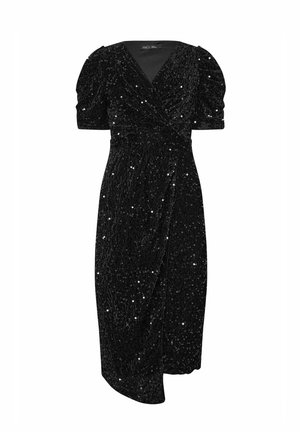 Abito di velluto nero con scollatura a V, maniche corte a sbuffo e design avvolgente. Ricoperto di paillettes, presenta un orlo fino al ginocchio.