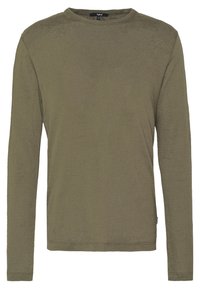 Langärmliges olivgrün T-Shirt aus weichem Stoff, mit Rundhalsausschnitt und schlichter, unauffälliger Gestaltung ohne Muster oder Akzente.