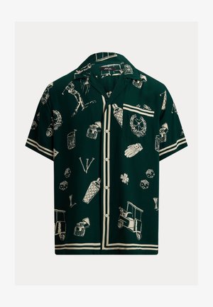 Tumeroheline lühikeste varrukatega nööbitav särk, millel on koorevalged golfiteemalised illustratsioonid, sealhulgas golfimängija, golfikäru, kinnas ja tee-markeerijad.