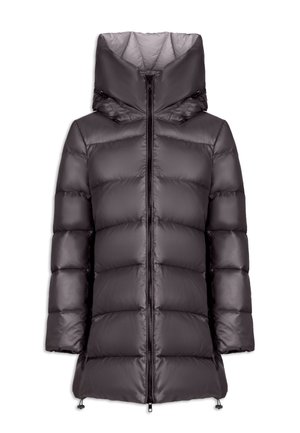 Puffige, dunkelgraue Daunenjacke mit hohem Kragen und Kapuze, ausgestattet mit einem zentralen Reißverschluss und einem Tunnelzug am Saum für eine verstellbare Passform.