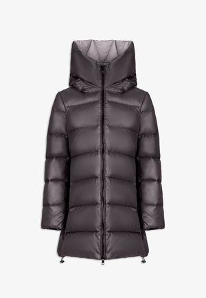 Puffige, dunkelgraue Daunenjacke mit hohem Kragen und Kapuze, ausgestattet mit einem zentralen Reißverschluss und einem Tunnelzug am Saum für eine verstellbare Passform.