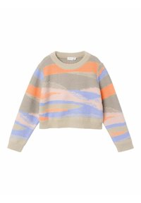 Gebreide trui met een cropped ontwerp, ronde halslijn en meerkleurige abstracte strepen in beige, oranje, blauw en grijs.