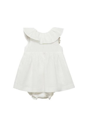 Hvid ærmeløs babykjole med flæsekant og fastsyede bloomers nederst.
