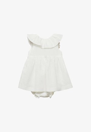Robe bébé blanche sans manches avec col à volants et bloomer intégré en bas.