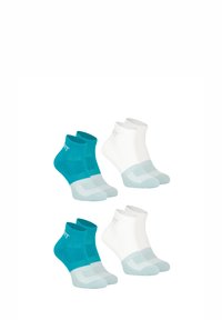 Deux paires de chaussettes de cheville en teal et blanc. Chaque paire présente un poignet contrasté et un orteil renforcé, avec une finition texturée pour le confort.