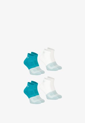Deux paires de chaussettes de cheville en teal et blanc. Chaque paire présente un poignet contrasté et un orteil renforcé, avec une finition texturée pour le confort.