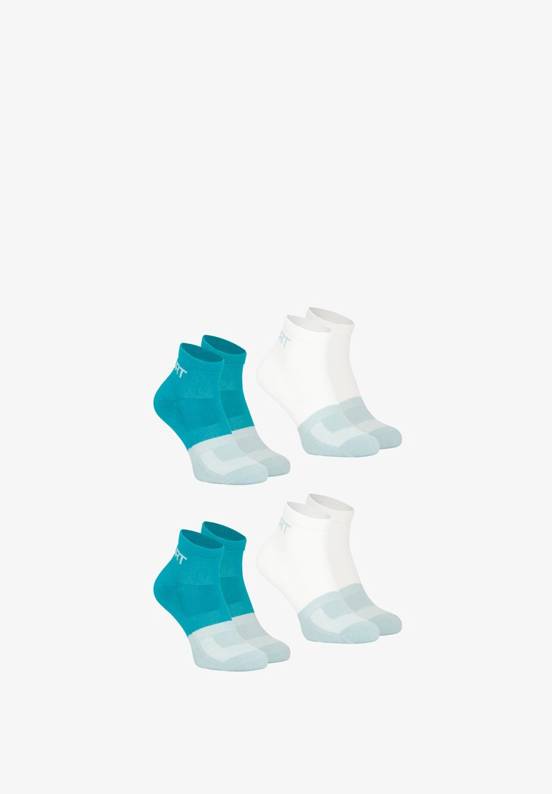 Deux paires de chaussettes de cheville en teal et blanc. Chaque paire présente un poignet contrasté et un orteil renforcé, avec une finition texturée pour le confort.