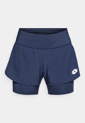 Jūriniai sportiniai šortai su vidiniu sluoksniu, elastinga juosta ir baltu logotipu kairėje pusėje; pagaminti iš tamprus, lengvas audinys.