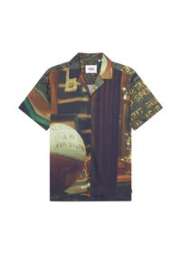 Short-sleeved button-up shirt featuring a collage of sports memorabilia, primarily in earthy tones with a smooth texture and relaxed fit.