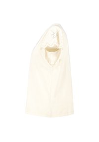 T-shirt en coton couleur crème avec des détails en dentelle brodés sur les manches, coupe décontractée et encolure arrondie. Texture lisse.