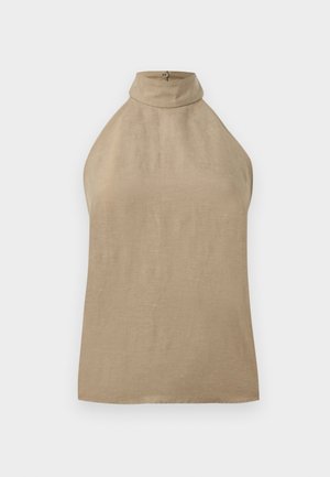 Bezrekawnik w beżowym kolorze z wysokim kołnierzem i zapinany na guziki z tyłu, wykonany z lekkiego materiału.