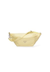 Borsa a tracolla gialla in nylon con un design curvo, dotata di una lunga tracolla regolabile e di un discreto logo del marchio sulla parte anteriore.