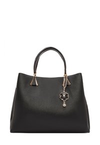 Black leather handbag with two handles, gold-tone zipper pulls, and a gold and black floral charm hanging from one handle.