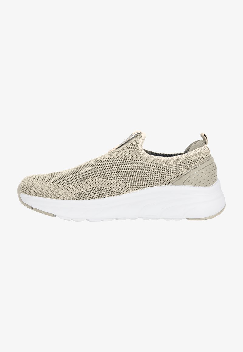 Beige mesh slip-on sko med en texturerad ovandel, vit mellansula och en vadderad krage. Har en dragflik och perforerade detaljer på sidorna.