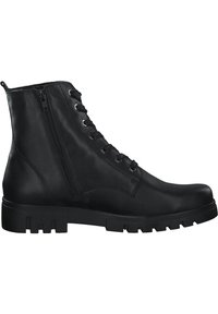 Bottines noires en cuir avec une finition lisse, dotées d'une fermeture éclair sur le côté, d'un lacet à l'avant et d'une semelle en caoutchouc épaisse avec une texture antidérapante.