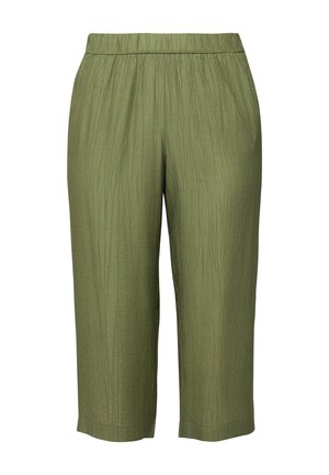 Oliwkowozielone spodnie trzy czwarte z elastycznym pasem i subtelnym pionowym teksturowanym wzorem.