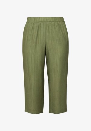 Oliën groene cropped broek met een elastische tailleband en een subtiel verticale textuurpatroon.
