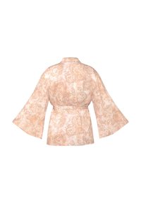 Kimono w stylu szlafroka z dzwonkowymi rękawami; wykonany z miękkiej, wzorzystej tkaniny w odcieniach brzoskwini i kremu; posiada pasek do związania.
