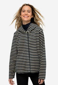 Veste en polaire rayée avec col châle, présentant des rayures horizontales bleu marine et crème, fermeture éclair et manches longues.