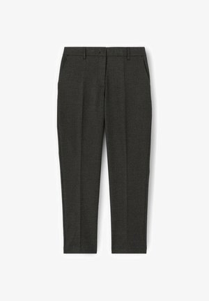 Szare w kratkę spodnie o dopasowanym kroju, z dwoma bocznymi kieszeniami i płaskim przodem, wykonane z fakturowanej tkaniny.
