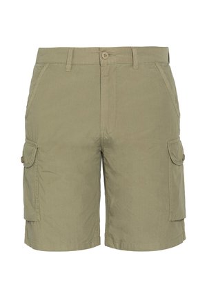 Pantaloni cargo color khaki realizzati in tessuto misto cotone, dotati di due tasche laterali, due tasche con patta e chiusura a bottone. Tessuto morbido.