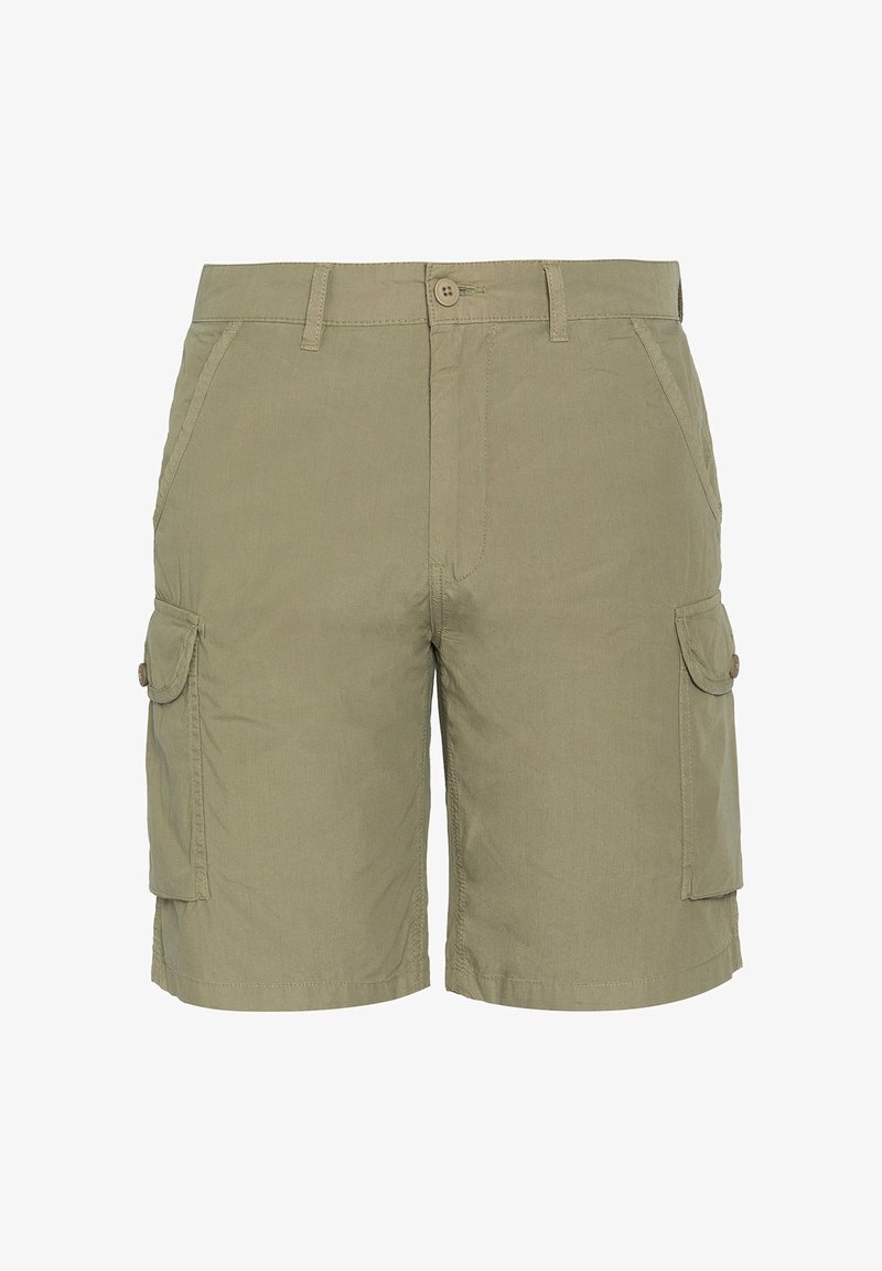 Pantaloni cargo color khaki realizzati in tessuto misto cotone, dotati di due tasche laterali, due tasche con patta e chiusura a bottone. Tessuto morbido.