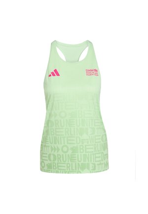 Light green running tank top with a racerback design. Features pink "BMW Berlin Marathon" logo and repeating text pattern with a smooth texture.