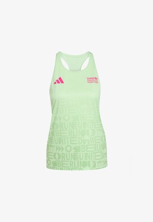 Light green running tank top with a racerback design. Features pink "BMW Berlin Marathon" logo and repeating text pattern with a smooth texture.