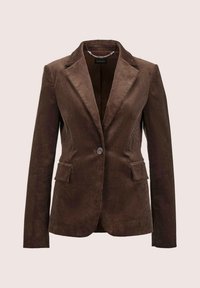 Brauner Cordblazer mit Reverskragen, einreihigem Knopfverschluss und zwei vorderen Taschen. Strukturierten Stoff mit vertikalen Rippendetails.