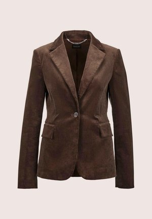 Brauner Cordblazer mit Reverskragen, einreihigem Knopfverschluss und zwei vorderen Taschen. Strukturierten Stoff mit vertikalen Rippendetails.