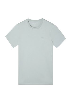 Camiseta de manga corta gris claro, hecha de una tela suave, con un cuello redondo y un pequeño logotipo bordado en azul oscuro en el pecho.